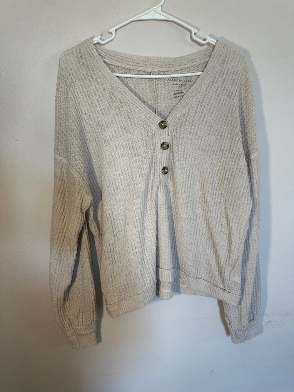 American Eagle Outfitters Cream Waffle Knit Soft Henley Sweater